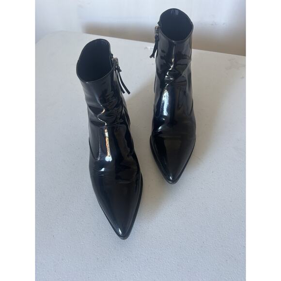 Miu Miu Patent Leather Boots 37.5 Ankle Booties Black 2' Heel Pointy Italy - Picture 1 of 15